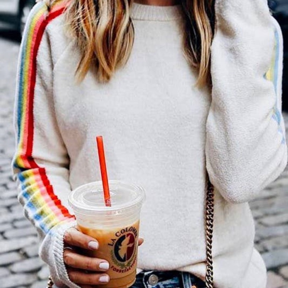 New! 🌈 RAINBOW STRIPE SLEEVE CREWNECK SWEATER
